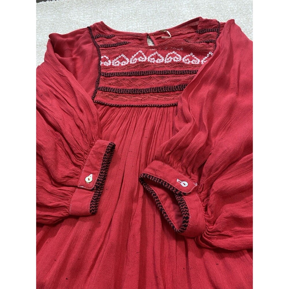Free People Red Boho Embroidered Lace Peasant Top Women’s Size S/p - Picture 15 of 16